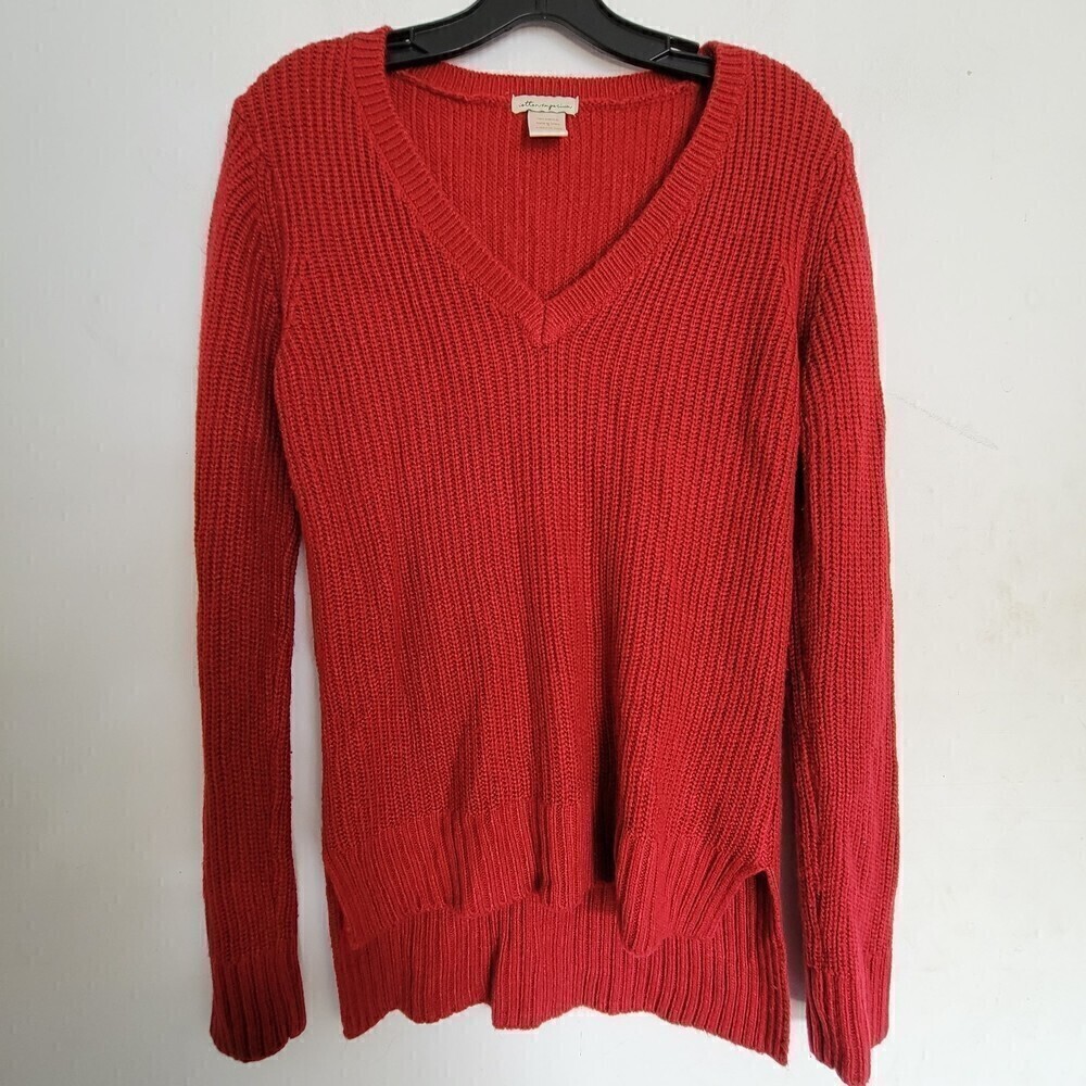 Cotton Emporium Red Ribbed V Neck Long Sleeve Chunky Knit Sweater Size Small